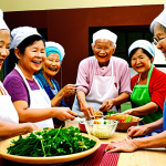 **Image of a cooking class for seniors:** A bright and airy cooking class filled with elderly Vietnamese people smiling and laughing as they learn to prepare traditional dishes. They are surrounded by fresh ingredients like herbs, spices, and colorful vegetables. The instructor, a kind-faced older Vietnamese woman, demonstrates a cooking technique.