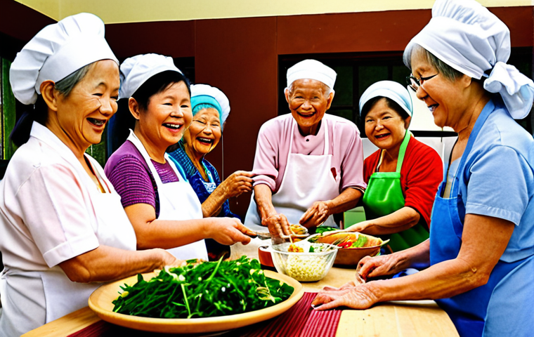 **Image of a cooking class for seniors:** A bright and airy cooking class filled with elderly Vietnamese people smiling and laughing as they learn to prepare traditional dishes. They are surrounded by fresh ingredients like herbs, spices, and colorful vegetables. The instructor, a kind-faced older Vietnamese woman, demonstrates a cooking technique.