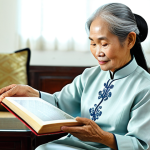 A serene elderly Vietnamese woman, with silver hair gently tied back, in a modest, traditional Ao Dai, fully clothed, appropriate attire, professional dress. She is seated comfortably in a brightly lit living room, holding an open book with large print, her hands gracefully holding the pages. Natural pose, perfect anatomy, correct proportions, well-formed hands, proper finger count. The room features soft, natural light, traditional Vietnamese decor, and a calm, inviting atmosphere. Family-friendly, safe for work, appropriate content, professional photography, high quality, realistic.