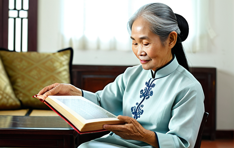 A serene elderly Vietnamese woman, with silver hair gently tied back, in a modest, traditional Ao Dai, fully clothed, appropriate attire, professional dress. She is seated comfortably in a brightly lit living room, holding an open book with large print, her hands gracefully holding the pages. Natural pose, perfect anatomy, correct proportions, well-formed hands, proper finger count. The room features soft, natural light, traditional Vietnamese decor, and a calm, inviting atmosphere. Family-friendly, safe for work, appropriate content, professional photography, high quality, realistic.